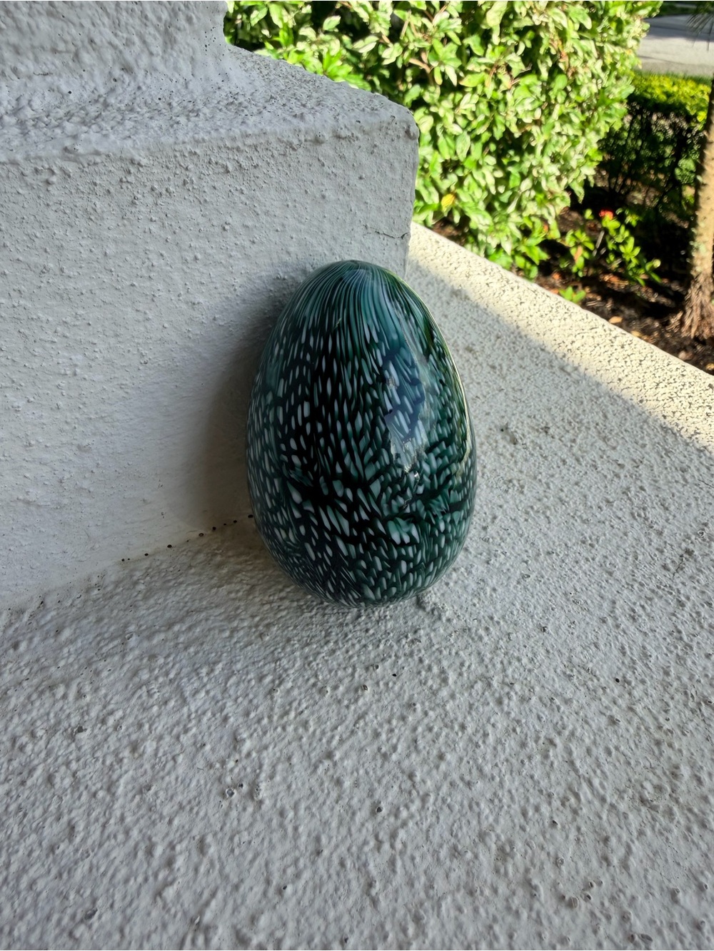 Art Glass Egg Paperweight Green White Speckled Hand Blown Decorative Glass 3.5”